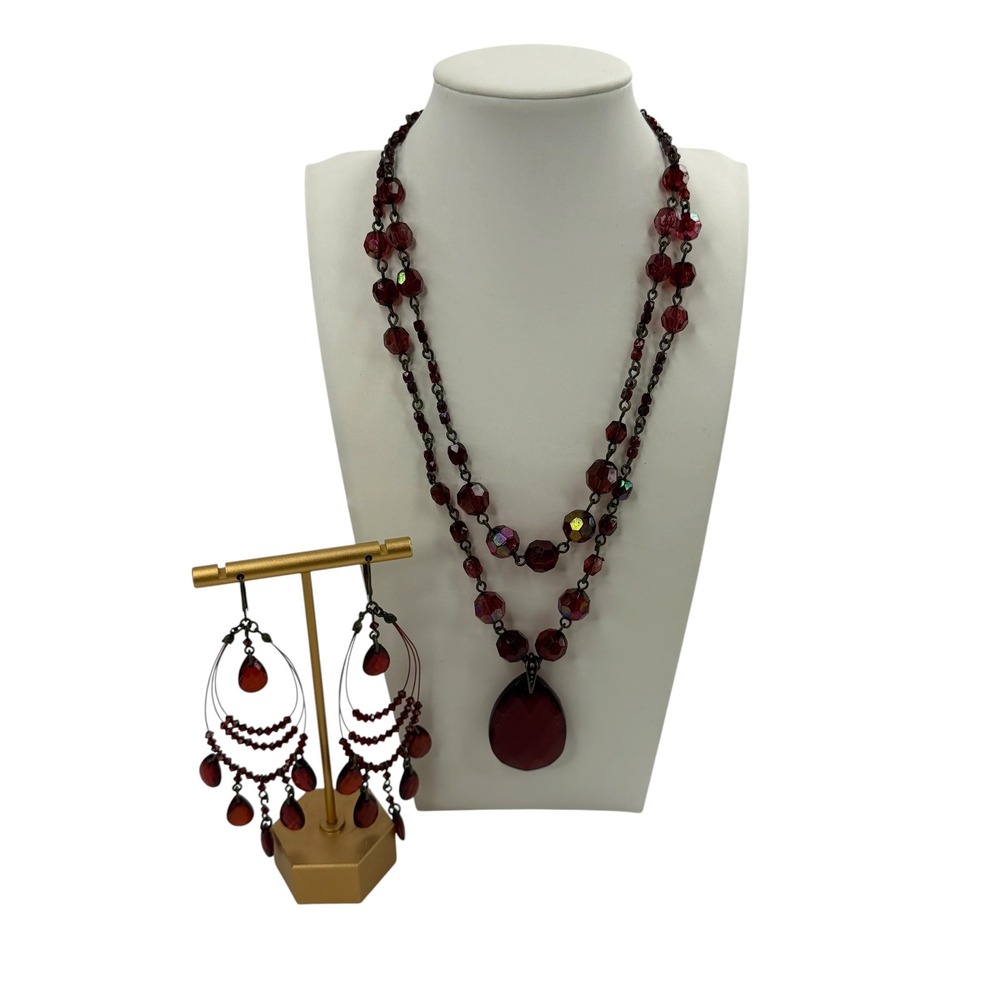 Avon Burgundy Red Faceted Bead Layered Necklace and Chandelier Earring Set Y2K